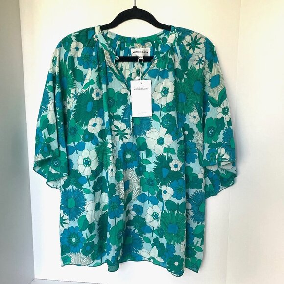 Antik Batik Cotton Voile Floral Blouse Womens Medium Blue Flutter Sleeve Tunic - Picture 2 of 11